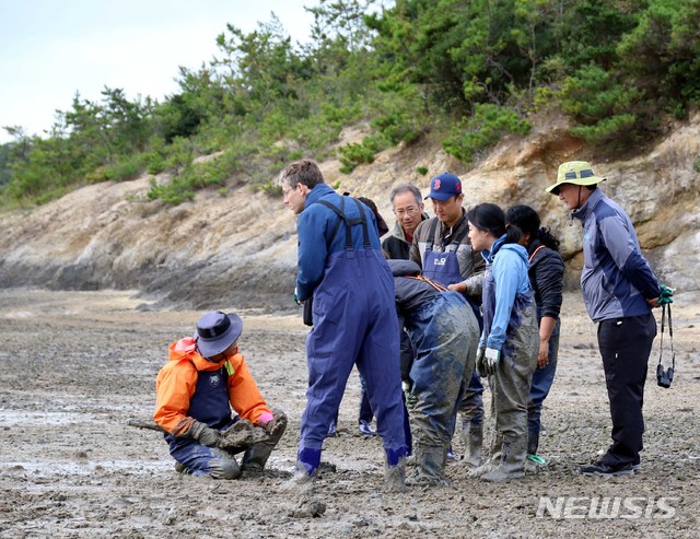 【신안=뉴시스】박상수 기자 = 세계자연보전연맹(IUCN) 자문위원 등이 최근 신안군 지도읍 선도를 방문해 유네스코 세계자연유산 등재를 위한 현장실사를 벌이고 있다. 2019.10.10. (사진=신안군 제공) photo@newsis.com