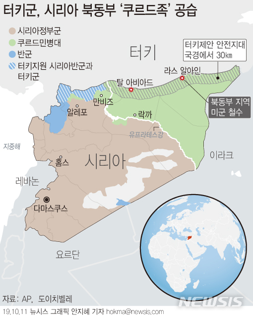 【서울=뉴시스】터키군이 시리아 북동부 국경 지대에 위치한 아비아드와 라스 알 아인 인근 마을 11곳을 점령했다고 터키 관영 아나둘루통신이 10일(현지시간) 보도했다. 반면 시리아 쿠르드족은 터키군의 공격을 막아냈다고 맞섰다. (그래픽=안지혜 기자) hokma@newsis.com