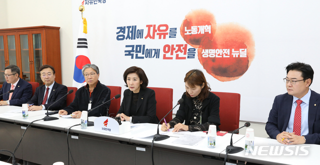 【서울=뉴시스】김명원 기자 = 11일 오전 서울 여의도 국회 자유한국당 원내대표실에서 열린 주요 해외금리 연계 DLF 피해자들과의 간담회에서 나경원 원내대표가 모두발언을 하고 있다. 2019.10.11. kmx1105@newsis.com