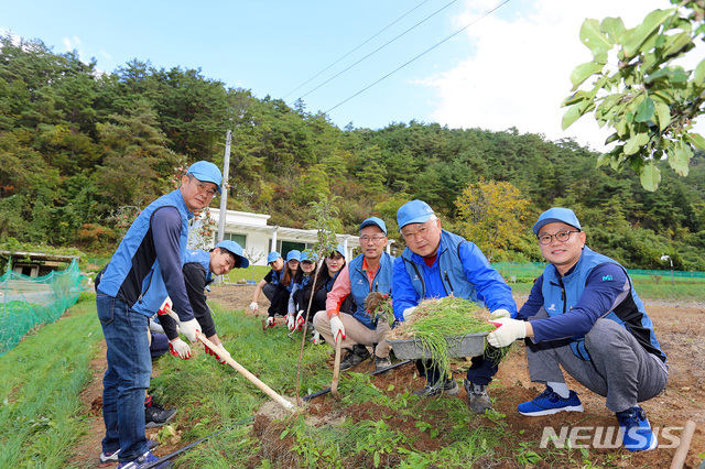 【서울=뉴시스】김가윤 기자 = 신동아건설 이종훈 부회장(오른쪽 두 번째)과 우수영 개발사업1본부장(왼쪽 첫 번째)이 직원들과 함께 채취한 산파를 들어 보이고 있다. 2019.10.14 (제공=신동아건설)  yoon@newsis.com