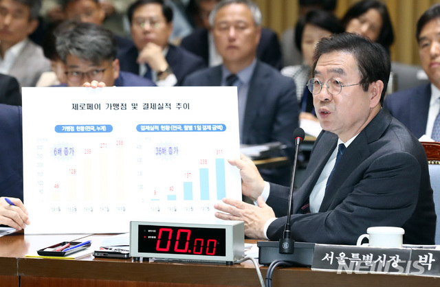 【서울=뉴시스】이영환 기자 = 박원순 서울시장이 14일 오후 서울 중구 서울시청 대회의실에서 속개된 2019년 국회 행정안전위원회 서울시청 국정감사에 참석해 이진복 자유한국당 의원의 제로페이 관련 질의에 답하고 있다. 2019.10.14. 20hwan@newsis.com