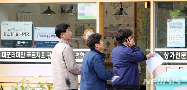 【서울=뉴시스】전신 기자 = 지난 18일 서울 마포 대단지 아파트 인근 공인중개사무소에서 국토교통부와 서울시 등 지자체의 부동산시장 합동 현장점검반이 중개 대상물 확인, 설명의무 위반 공인중개사법 위반행위 등에 대해 합동점검하고 있다. 2019.10.20. photo1006@newsis.com