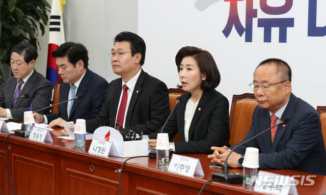 【서울=뉴시스】김명원 기자 = 나경원 자유한국당 원내대표가 23일 오전 서울 여의도 국회 자유한국당 회의실에서 열린 원내대표-중진의원 회의에서 현안 관련 모두발언을 하고 있다. 2019.10.23. kmx1105@newsis.com