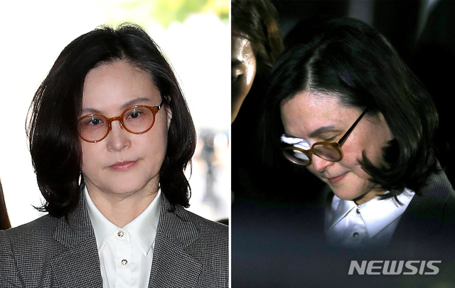 【서울=뉴시스】전진환 박미소 기자 =&nbsp; 정경심 동양대 교수가 23일 서울중앙지방법원에서 자본시장법 위반(허위신고 및 미공개정보 이용) 등 혐의에 대한 영장실질심사(구속 전 피의자 심문)에 출석하고 있다(왼쪽). 정 교수가 한쪽눈을 안대로 가린채 영장심사를 마치고 법정을 나서고 있다. 2019.10.23. amin2@newsis.com