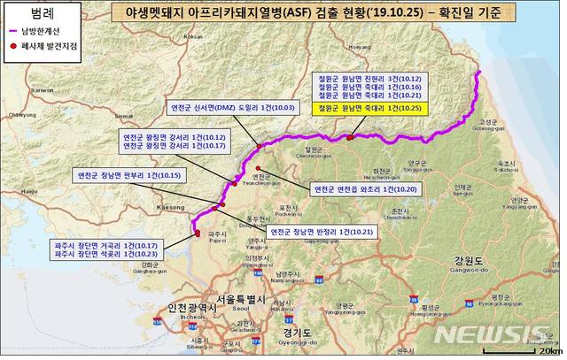 【세종=뉴시스】25일 기준 야생멧돼지 아프리카돼지열병 바이러스 검출 현황. (그래픽=환경부 제공)