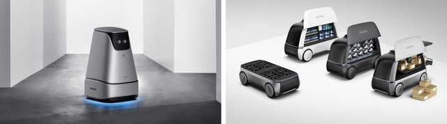 【서울=뉴시스】AROUND 플랫폼을 기반으로 개발된 카페용 서비스 로봇 AROUND C(좌)와 도로 자율주행을 위한 로봇 플랫폼을 목표로 개발 중인 ALT 프로젝트(우) (사진=네이버 제공) 2019.10.28