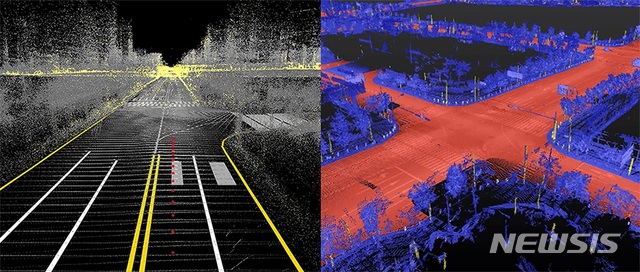 【서울=뉴시스】도로구조 정보 데이터와 비쥬얼 피쳐 데이터(좌), 포인트클라우드 피쳐 데이터(우)(사진/네이버랩스 제공)  photo@newsis.com 