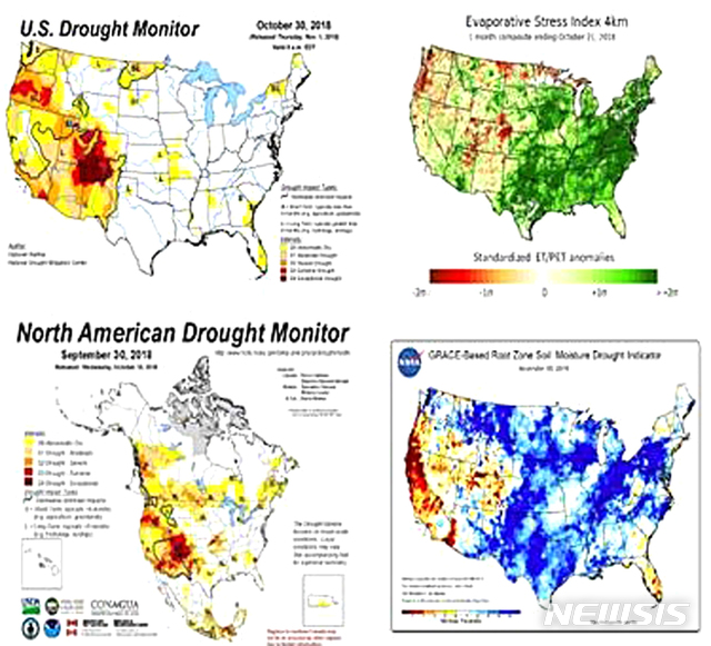 【나주=뉴시스】이창우 기자 = 사진은 미국 국립가뭄경감센터(NDMC)와 위성영상기술센터(CALMIT)가 위성영상을 활용해 제작한 가뭄지도. (사진=농어촌공사 제공) 2019.10.31.   photo@newsis.com