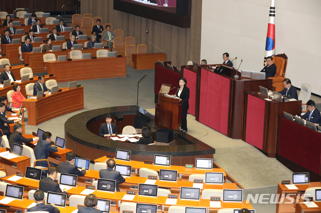 【서울=뉴시스】김명원 기자 = 심상정 정의당 대표가 31일 오후 서울 여의도 국회 본회의장에서 비교섭단체 대표연설을 하고 있다. 2019.10.31. kmx1105@newsis.com
