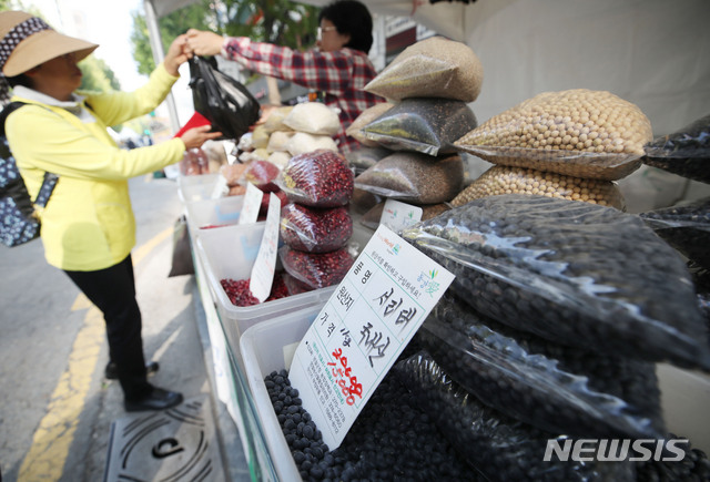 【서울=뉴시스】김진아 기자 = '2019 지역상생 박람회'가 열린 3일 서울 중구 무교로 일대에서 시민들이 농산물을 사고 있다. 2019.11.03.&nbsp; bluesoda@newsis.com