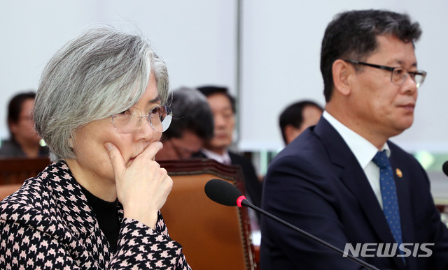 【서울=뉴시스】이종철 기자 = 강경화(왼쪽) 외교부 장관과 김연철 통일부 장관이 7일 오후 서울 여의도 국회에서 열린 외교통일위원회 전체회의에 출석하여 심각한 표정을 하고 있다. 2019.11.07. jc4321@newsis.com