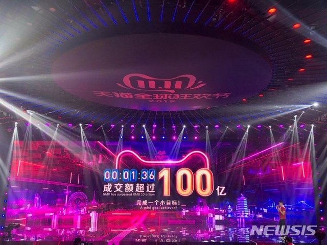 【서울=뉴시스】 중국 최대 전자상거래업체 알리바바그룹은 11일 중국판 블랙프라이데이로 알려진 '광군제(光棍節)' 할인행사가 시작된 직후 1분36초 만에 매출액 100억 위안(약 1조6556억원)을 돌파했다고 공개했다. 사진은 중국 저장성 항저우 알리바바 본사의 프레스룸 화면. (사진=차이나데일리 캡처) 2019.11.11. 