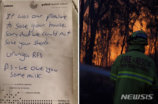 【뉴사우스웨일즈=AP/뉴시스】 호주 뉴사우스웨일즈주에서 발생한 화재가 연일 확대되는 가운데 화마와 싸운 소방관의 훈훈한 쪽지가 감동을 주고 있다. 왼쪽은 쪽지를 받은 시민 폴 셰프키가 페이스북에 올린 소방관의 쪽지, 왼쪽은 11일 뉴사우스웨일즈주에서 소방작업 중인 소방관의 모습. 2019.11.12.