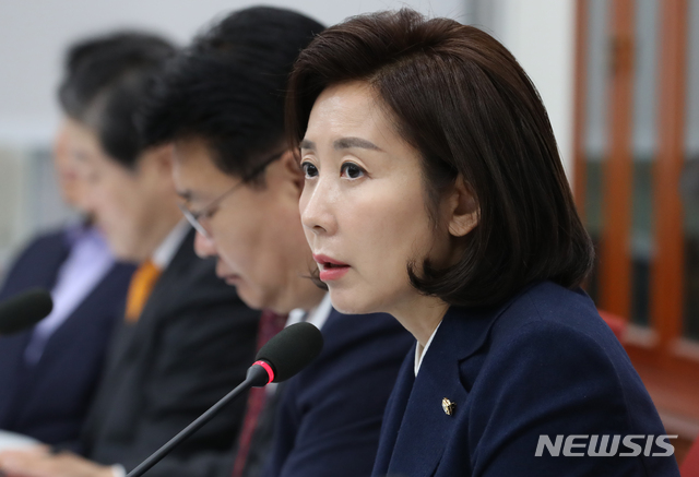 【서울=뉴시스】김명원 기자 = 나경원 자유한국당 원내대표가 13일 오전 서울 여의도 국회 자유한국당 원내대표실에서 열린 원내대표-중진의원 회의에 참석해 현안 관련 모두 발언을 하고 있다. 2019.11.13. kmx1105@newsis.com