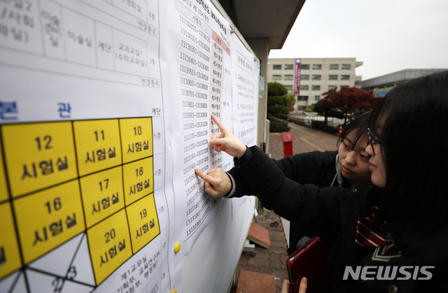 【서울=뉴시스】이영환 기자 = 고3 수험생들이 2020학년도 대학수학능력시험 예비소집일인 13일 오후 서울 영등포구 여의도여자고등학교에서 시험실 배치표와 시험실별 수험번호를 확인하고 있다. 2019.11.13. 20hwan@newsis.com