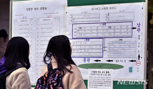 【대구=뉴시스】이무열 기자 = 2020학년도 대학수학능력시험 예비소집일인 13일 오후 대구 수성구 범어동 대구여자고등학교를 찾은 수험생들이 시험장소를 확인하고 있다. 2019.11.13.lmy@newsis.com