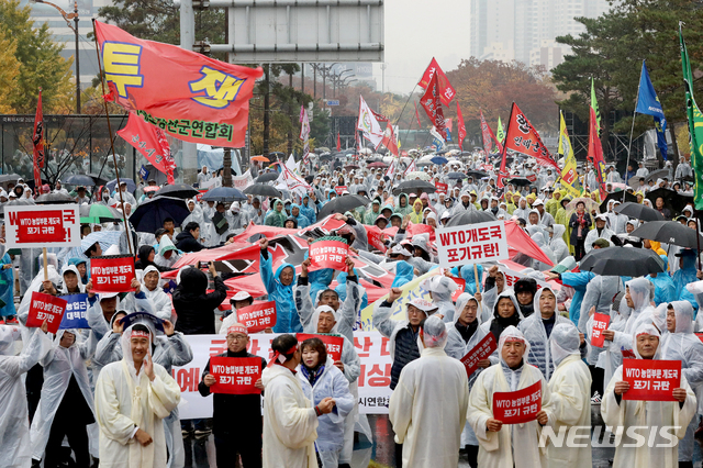【서울=뉴시스】김병문 기자 = 한국농축산연합회 관계자들이 13일 오후 서울 여의도 국회 앞에서 열린 'WTO 농업분야 개도국 포기 규탄! 농정개혁 촉구! 전국농민총궐기 대회'에 참석해 대형 현수막 찢기 퍼포먼스를 하고 있다. 2019.11.13. dadazon@newsis.com