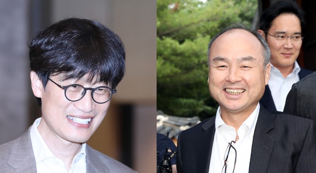 【서울=뉴시스】이해진(왼쪽) 네이버 글로벌투자책임자(GIO)와 손정의(오른쪽) 일본 소프트뱅크 회장 