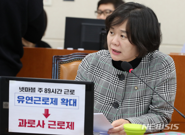 【서울=뉴시스】김명원 기자 = 이정미 정의당 의원이 14일 오후 서울 여의도 국회 환경노동위원회에서 열린 전체회의에 참석해 '특별연장근로 선택적근로시간제 확대' 관련 질의를 하고 있다. 2019.11.14.&nbsp; kmx1105@newsis.com