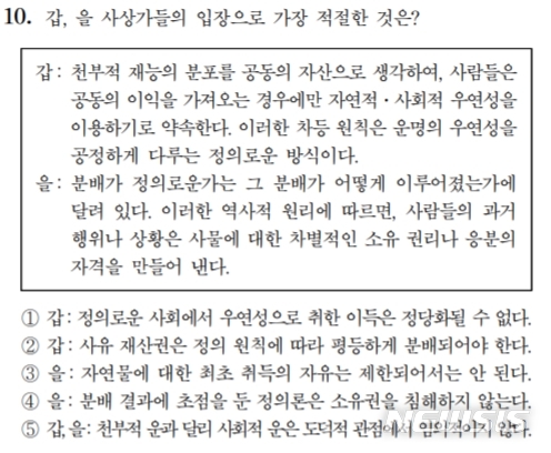 【서울=뉴시스】지난 14일 치러진 2020학년도 대학수학능력시험 이후 15일 오후 4시 기준 가장 많은 이의신청이 제기된 문항은 사회탐구 영역 '생활과 윤리' 과목 10번이다. 2019.11.15. (자료=2020학년도 수능 사회탐구 '생활과 윤리' 홀수형 문답지 발췌)
