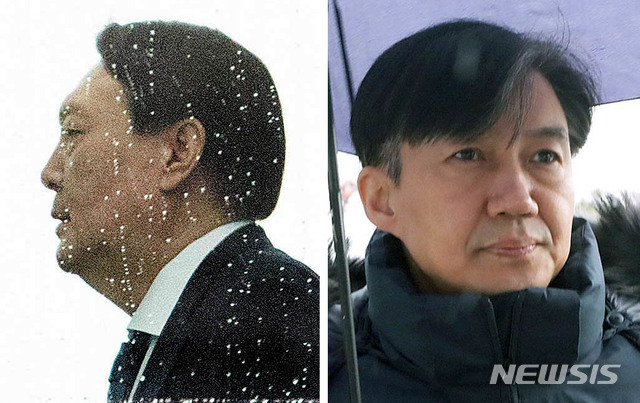 【서울=뉴시스】 홍효식·이윤청 기자 = 윤석열(왼쪽) 검찰총장이 비가 내리는 15일 오후 서울 서초구 대검찰청에서 구내식당으로 이동하고 있다. 오른쪽은 같은 날 오전 조국 전 법무부 장관이 경기 의왕시 서울구치소에서 부인 정경심 교수와 면회를 마치고 승용차로 돌아가고 있다. 2019.11.15.&nbsp; yesphoto@newsis.com 