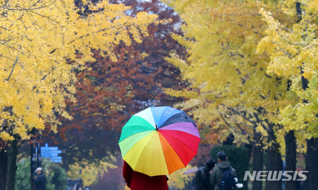 【서울=뉴시스】홍효식 기자 = 가을비가 내린 15일 서울 성동구 서울숲을 찾은 시민들이 우산을 쓰고 발걸음을 옮기고 있다. 2019.11.15. yesphoto@newsis.com