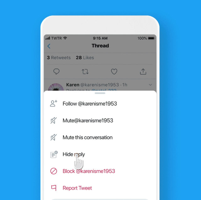 [서울=뉴시스] 트위터 댓글 숨기기 차단 기능
