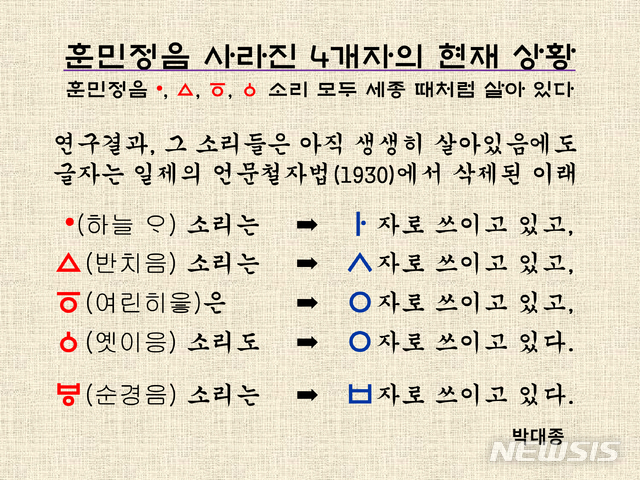 [서울=뉴시스] 훈민정음 28자 중 지금은 쓰이지 않는 4개자(•, ㅿ, ㆆ, ㆁ)의 현재 상황. 그 소리들은 세종 때와 똑같이 우리말에 아직도 생생히 살아있다.