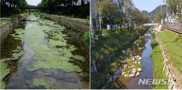 [안동=뉴시스] 문경 모전천 사업 전(왼쪽)과 후. (사진=경북도 제공) 2019.11.26