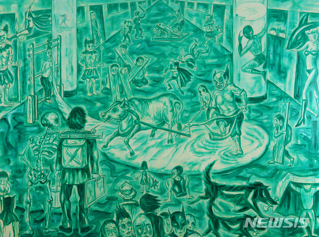 [서울=뉴시스] 제2회 한국작가상 수상 기념전 이흥덕 개인전. 지옥철. 2018년. 291X218. oil on canvas. 사진=금보성아트센터 제공