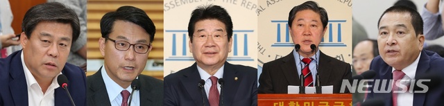  [서울=뉴시스] 자유한국당 차기 원내대표 경선에 출사표를 던진 김선동·윤상현·강석호·유기준·심재철 의원(왼쪽부터).