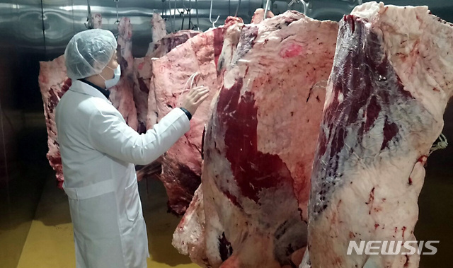 [서울=뉴시스] = 농협안심축산 위생전문요원이 9일 서울 정릉 영진 M&F 축산물가공공장에 입고된 한우고기 지육에 대한 위생점검을 하고 있다. (사진=농협안심축산 제공) 2019.12.09.photo@newsis.com