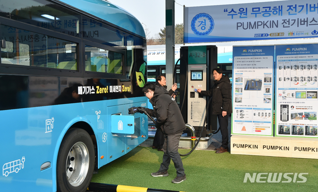 [수원=뉴시스] 김종택 기자 = 국내 최초로 전기버스 100대를 동시에 충전할수 있는 '수원 무공해 전기버스 충전소' 준공식이 9일 오후 경기 수원시 장안구 파장동 수원여객 북부공영차고지에서 열려 관계자들이 충전 시스템 시연을 하고 있다.이 충전소는 전기버스 36대를 동시에 급속 충전할 수 있으며 야간에 근무자가 없이도 충전건을 연결해 놓고 퇴근하면 충전제어시스템에 의해 전력이 순차적으로 이동하면서 자동 충전되는 방식으로 밤 사이에 차고지 안에 세워둔 100대의 전기버스를 새벽 첫차 운행시작 전까지 모두 완충할 수 있는 시스템이다. 2019.12.09.semail3778@naver.com