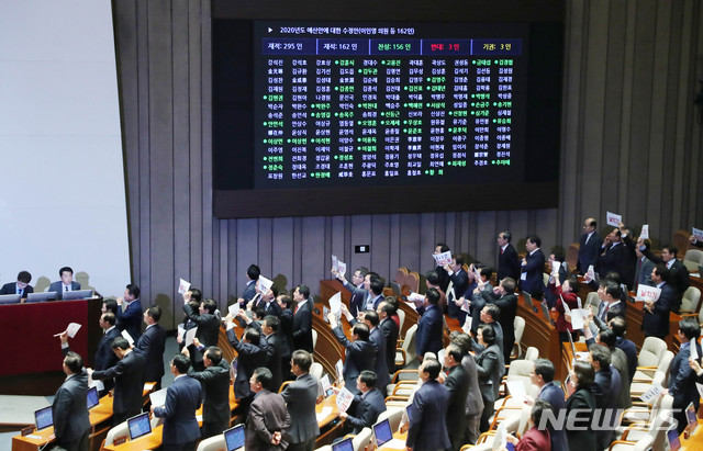 [서울=뉴시스] 장세영 기자 = 2020년도 예산안에 대한 수정안이 10일 서울 여의도 국회 본회의장에서 열린 제371회국회(정기회) 제12차 본회의에서 자유한국당 의원들이 반대하는 가운데 가결되고 있다. 2019.12.10. photothink@newsis.com