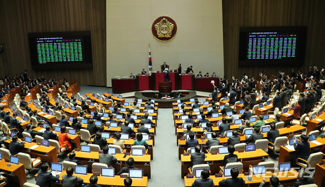 [서울=뉴시스] 장세영 기자 = 2020년도 예산안에 대한 수정안이 10일 서울 여의도 국회 본회의장에서 열린 제371회국회(정기회) 제12차 본회의에서 가결되고 있다. 2019.12.10. photothink@newsis.com