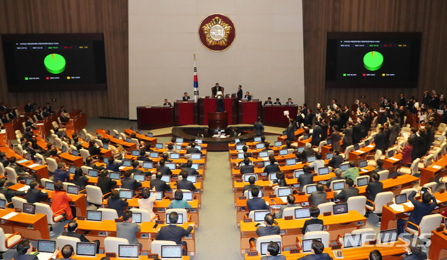 [서울=뉴시스] 장세영 기자 = 2020년도 예산안에 대한 수정안이 10일 서울 여의도 국회 본회의장에서 열린 제371회국회(정기회) 제12차 본회의에서 자유한국당 의원들이 반대하는 가운데 가결되고 있다. 2019.12.10. photothink@newsis.com