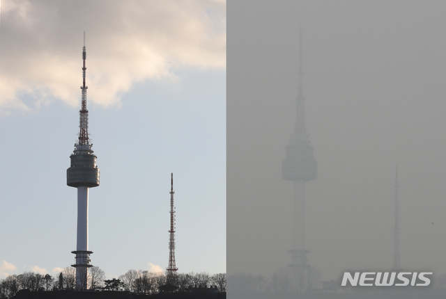 [서울=뉴시스]김근현 수습기자 = 초미세먼지 '매우 나쁨', 미세먼지 '나쁨' 수준으로 수도권에 두 번째 비상저감조치가 내려졌던 11일 서울 중구 퇴계로의 한 빌딩 옥상에서 바라본 N서울타워의 오전 9시53분께 모습(사진 왼쪽)과 미세먼지가 걷힌 오후 4시15분께의 모습이 다르다. 2019.12.11. khkim@newsis.com