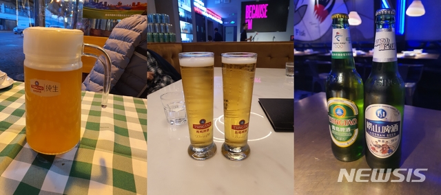 [칭다오=뉴시스] 칭다오에서 마신 다양한 맥주. 왼쪽 위엔장 생맥주는 보통의 라거와 비교해 더 노랗고 불투명해 마치 바이젠 같은 느낌이다.