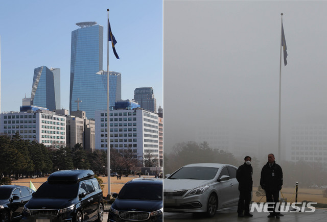 [서울=뉴시스] 장세영 기자 = 미세먼지 좋음 날씨를 보인 지난 12일 오후 서울 여의도 국회 본청 앞에서 바라본 여의도 도심이 파란하늘과 쾌청한 날씨를 보이고 있다. 오른쪽 사진은 지난 10일 여의도가 자욱한 안개와 미세먼지로 뒤덮여 회색도시로 변해 있다. 2019.12.12. photothink@newsis.com