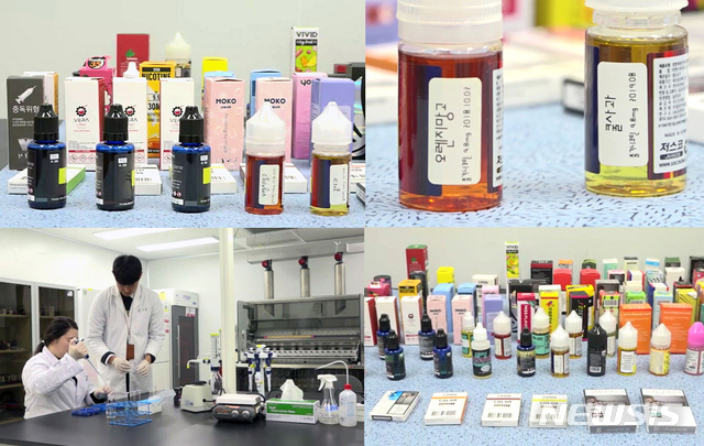 [서울=뉴시스]국내 시판 중인 액상형 전자담배에서 '비타민E 아세테이트' 성분과 폐질환을 유발할 수 있다고 보고된 가향물질이 검출됐다고 식품의약품안전처가 12일 국내 시판 153개 액상형 전자담배 대상으로 실시한 주요 의심물질 7종 분석 결과를 발표했다. 발표에 따르면 미국 내 판매 금지 제품에 비해선 훨씬 적은 양인 것으로 확인됐다. (사진=식품의약품안전처 제공) 2019.12.12. photo@newsis.com