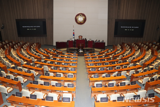 [서울=뉴시스] 고승민 기자 = 13일 서울 여의도 국회에서 제372회국회(임시회) 제1차 본회의가 오후3시에 열리기로 했으나 의장 주재 원내대표 회동으로 지연되고 있다. 사진은 텅 빈 본회의장 모습. 2019.12.13.kkssmm99@newsis.com