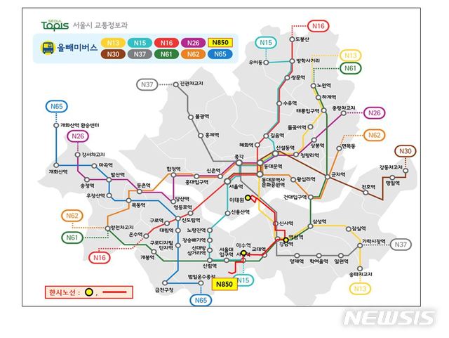 [서울=뉴시스]서울 한시적 심야버스 노선도. 2019.12.16. (노선도=서울시 제공)