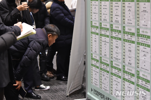 [수원=뉴시스] 김종택 기자 = '2019 경기도.수원시 중장년 일자리 박람회'가 열린 16일 오후 경기 수원시 영통구 수원컨벤션센터에서 많은 구직자들이 채용 게시판을 살펴보고 있다. 뉴시스DB. 2019.12.16.semail3778@naver.com