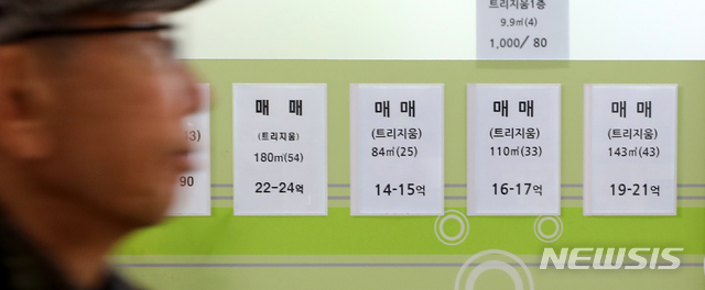 [서울=뉴시스]전신 기자 = 정부가 시가 9억원 이상 주택담보대출 담보인정비율(LTV)을 20%(현행 40%)로 축소하고, 15억원 초과 초고가 아파트에 대해서는 주택구입용 주택담보대출을 전면 금지하는 등의 부동산 대책을 발표한 16일 서울 송파구 한 상가의 부동산중개업소에 아파트 매매 가격이 게시돼 있다. 2019.12.16. photo1006@newsis.com