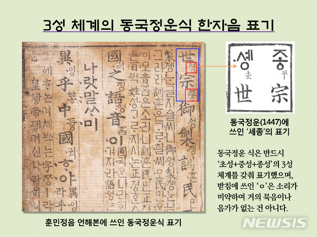 [서울=뉴시스]&nbsp; ‘초성+중성+종성’의 3성 체계를 반드시 갖추어 쓴 동국정운식 한자음 표기. 훈민정음 언해본에 쓰인 ‘솅(世)’의 받침 ‘ㅇ’은 소리가 미약하여 거의 ‘묵음’이나, 100% 묵음은 아님.