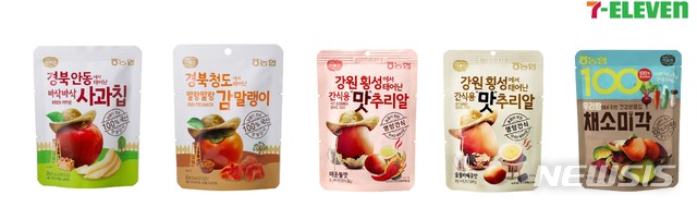 [서울=뉴시스] 세븐일레븐이 농협식품과 함께 각 지역 특산물을 활용한 원물간식 시리즈를 출시한다고 18일 밝혔다. 청도감말랭이(3500원), 안동사과칩(3500원), 채소미각(3500원), 횡성맛추리알(2500원) 등을 내놓는다. 