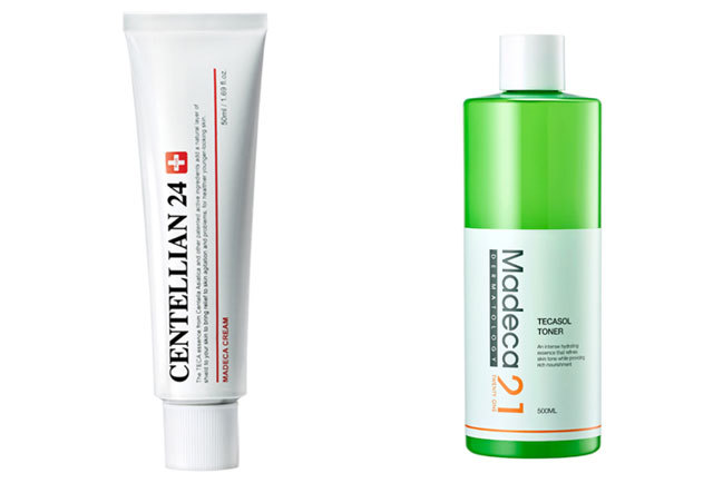 [서울=뉴시스] 왼쪽부터 센텔리안24 ‘마데카크림’, 마데카21 ‘테카솔 토너’(사진=동국제약 제공)