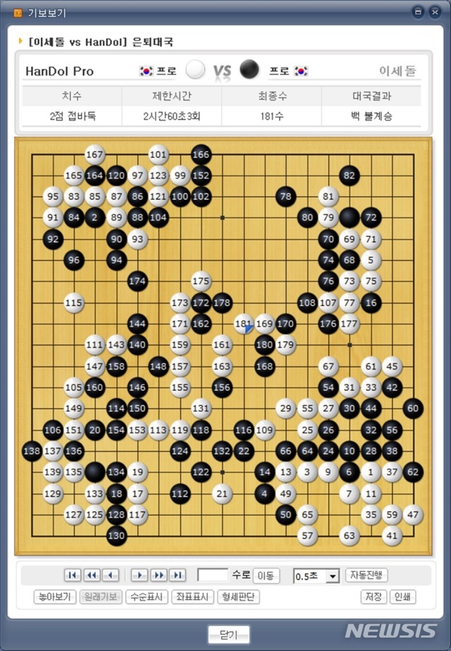 [서울=뉴시스] NHN이 개발한 국내 바둑 인공지능(AI) '한돌'은 21일 전남 신안군 증도 엘도라도 리조트에서 '바디프랜드 브레인마사지배 이세돌vs한돌' 치수고치기 3번기의 제3국에서 이세돌 9단을 상대로 181수 만에 백 불계승을 거뒀다. 최종 3국 기보. (기보=NHN 제공) 2019.12.21. photo@newsis.com 