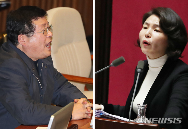 [서울=뉴시스]김명원 기자 = 전희경 자유한국당 의원이 24일 오후 서울 여의도 국회에서 예산부수법안과 공수처법, 유아교육법 개정안 등을 안건으로 열린 본회의에서 무제한 토론을 하고 있는 가운데 설훈 더불어민주당 의원이 반박하며 설전이 벌어지고 있다. 2019.12.24.&nbsp; kmx1105@newsis.com