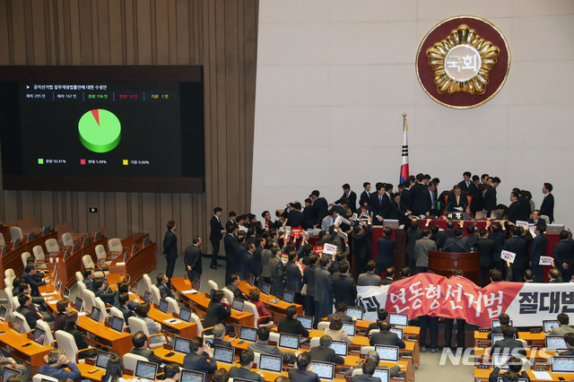 [서울=뉴시스] 고승민 기자 = 27일 서울 여의도 국회에서 열린 제373회국회(임시회) 제1차 본회의에서 공직선거법 일부개정법률안이 가결되고 있다. 2019.12.27.kkssmm99@newsis.com